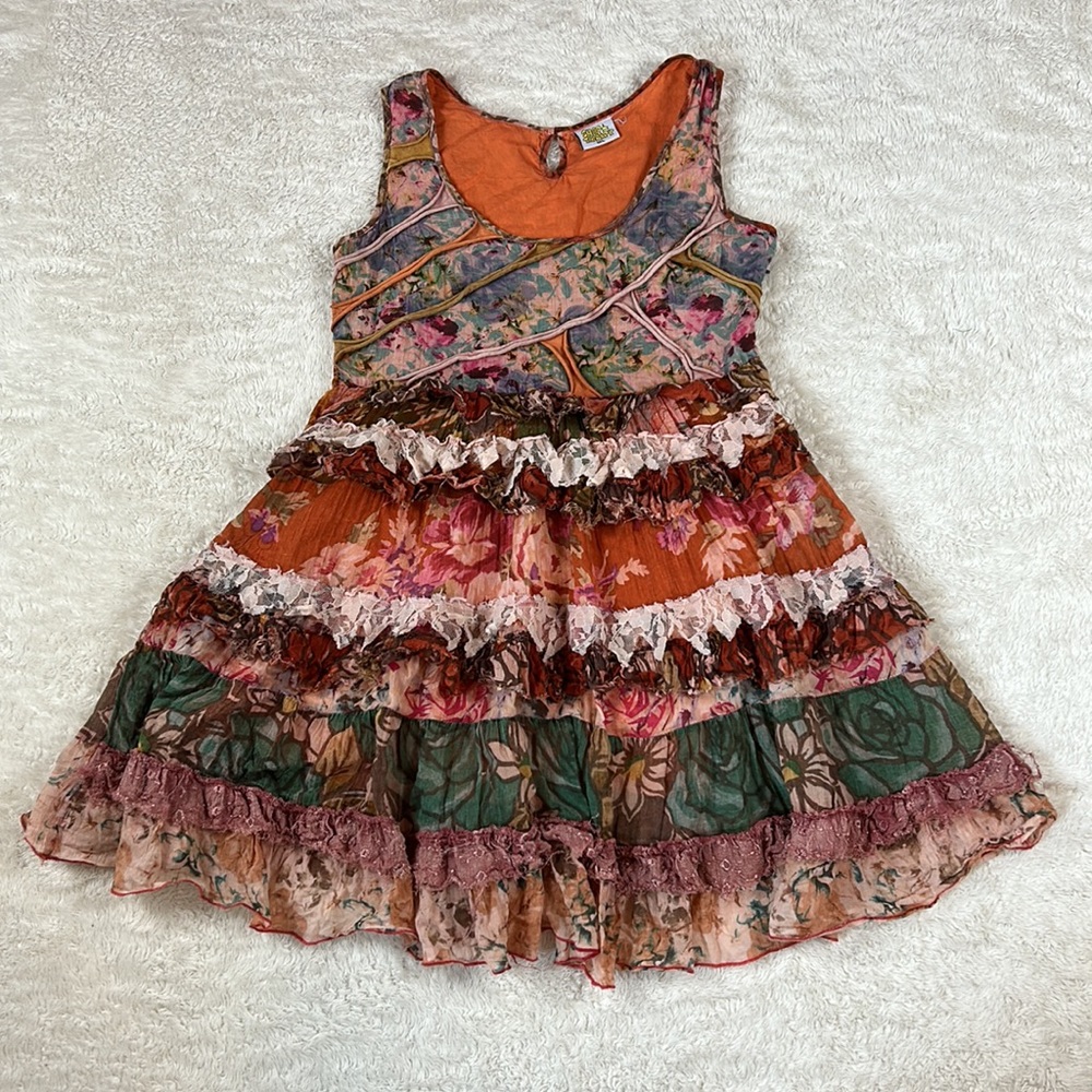 Shop Therapy handmade cotton tiered ruffle and lace floral dress, size m/L